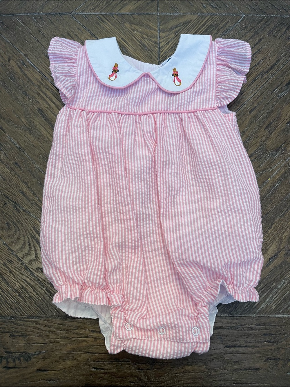 Southern Taters Pink Seersucker Bubble Romper with Embroidered Rabbit Collar